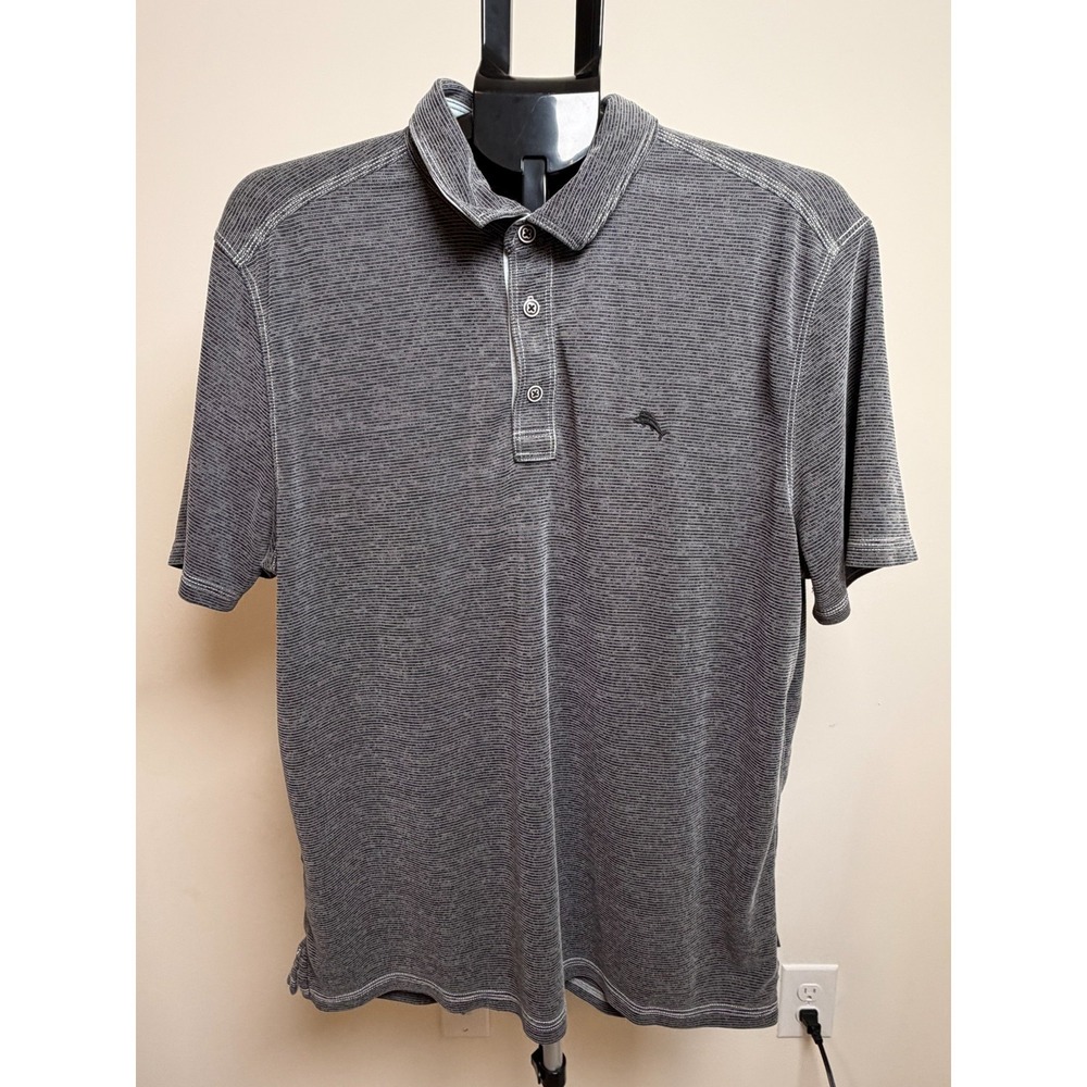Tommy Bahama Men's Polo Shirt Large Gray Striped Tencel Blend Short Sleeve